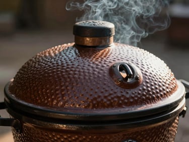 Macro shot of a Kamado Joe Classic III ceramic smoker lid, showing texture and a wisp of smoke, moody high-contrast outdoor daylight, shallow depth of field, 35mm