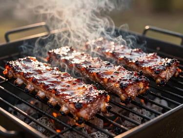 Rack of smoked pork ribs, glistening with sauce, on a grill grate, smoke rolling, golden hour light, shallow depth of field, 35mm