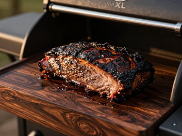 Close-up of a Traeger Ironwood XL grill showing a perfectly smoked brisket with a dark bark, natural golden-hour sunlight, rich deep wood tones, shallow depth of field, 35mm