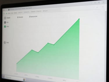 Real-time dashboard screen showing upward trends, electric green highlights, cool desaturated tones, crisp 35mm lens