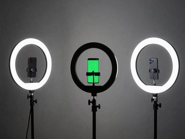 Behind-the-scenes content creation setup with ring lights and phones, high-contrast studio lighting, cool desaturated tones