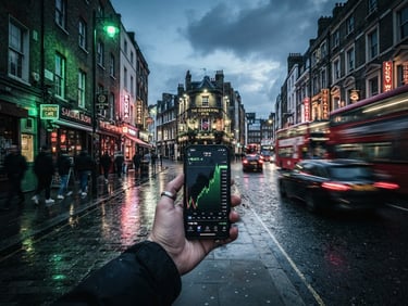 Wide-angle gritty London street at dusk, high-contrast studio lighting, neon signs reflecting on wet pavement, blurred motion of cars, electric green accent in a street light, a phone screen showing an upward trend in the foreground.