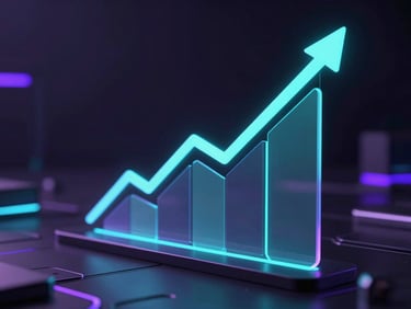 Sleek 3D render of active digital ad metrics displaying upward trending charts with neon cyan edge glows, dark tech aesthetic, macro depth of field.