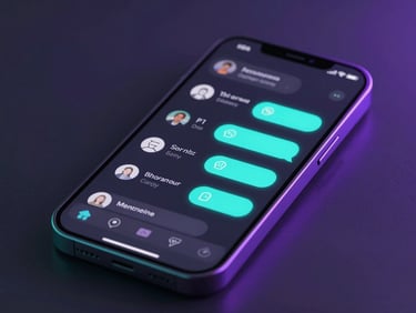 Sleek 3D render of a stylized mobile device interface showing active chat flows with neon cyan accents, dark tech aesthetic, macro depth of field.