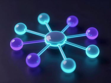 Sleek 3D render of abstract connected nodes representing serverless architecture, glowing neon cyan and violet backlighting, macro close-up