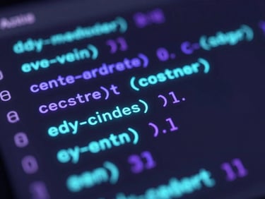 Sleek 3D render of clean code lines glowing on a dark screen with electric violet accents, macro depth of field.