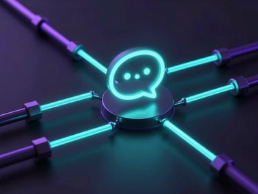Abstract 3D render representing connected data pipelines, glowing neon-cyan nodes flowing into a central chat icon, dark obsidian background, low-key dramatic lighting.