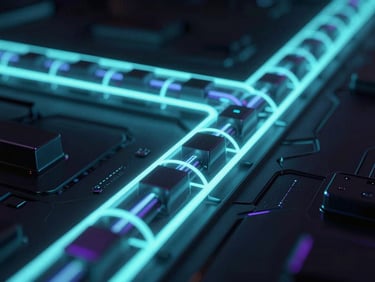 Sleek 3D render of a glowing neon cyan data pipeline accelerating through a dark obsidian void, macro depth of field, low-key lighting