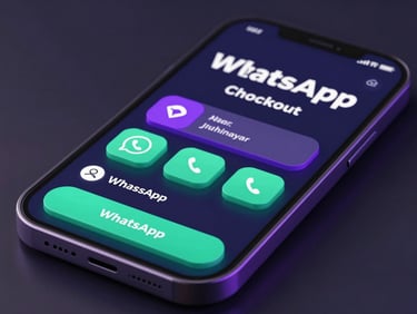 Stylized mobile interface showing a frictionless WhatsApp checkout flow with active selection buttons, sleek 3D render, neon cyan and violet highlights.