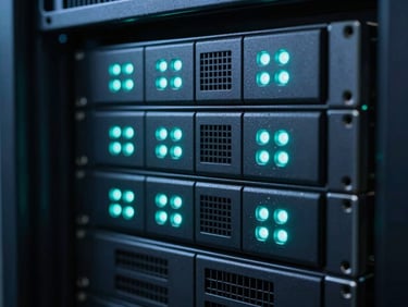 Macro shot of modern clean server array with glowing cool teal indicator lights, sharp focus, 35mm