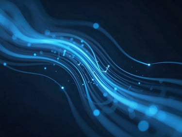 Macro shot of abstract glowing data flows in electric blue and slate, cool studio lighting, sharp focus, technical visualization