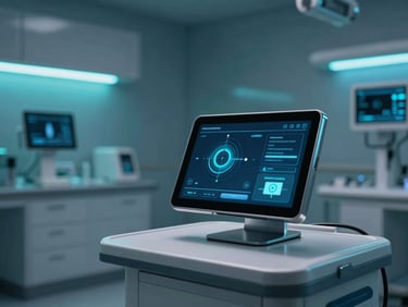 Modern clean medical workspace with cool studio lighting, teal ambient glows, high-tech patient communication interface on a tablet