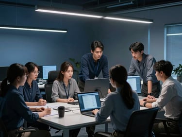 Architectural well-lit workspace with professional teams collaborating, cool moody lighting, sharp focus