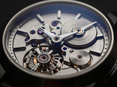 Extreme close-up of a luxury mechanical watch being filmed under dramatic studio lighting, macro lens, high-fidelity texture.