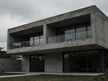 Cinematic architectural editorial photography, flat unedited RAW camera capture of a luxury concrete villa exterior, overcast sky, dull colors, raw and unpolished, high contrast, 35mm lens.
