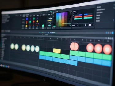 A professional video editor's workspace showing timeline tracks on a curved screen, glowing color wheels, close-up, sharp focus.