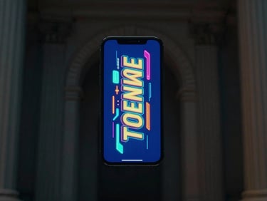 A smartphone displaying a fast-paced vertical video with colorful dynamic text overlays and motion graphics, neon blue background.
