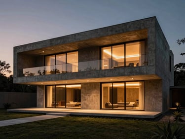 Cinematic architectural editorial photography, polished post-production master of a luxury concrete villa exterior, brilliant twilight sky replacement, warm glowing interior lights, rich contrast, 35mm lens.
