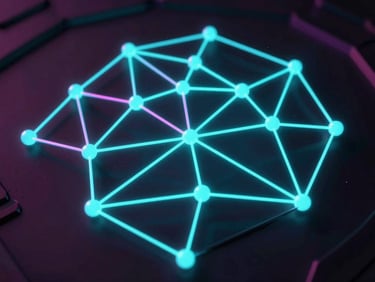 Abstract 3D node network, glowing neon cyan lines, dark metallic surface, extreme close-up, high-contrast low-key lighting.
