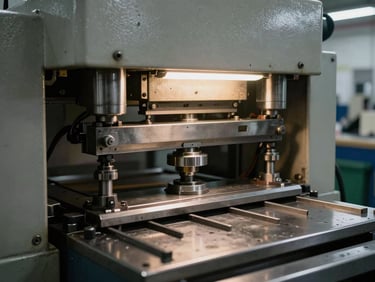 Detail shot of industrial manufacturing assembly line with metal press equipment under tungsten factory lighting, safety guard covers visible, machinery in operation
