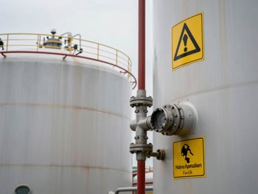 Close-up of industrial chemical storage tanks with hazard labeling and piping connections, natural overcast exterior light, no personnel, technical detail focus