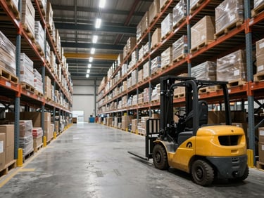 Interior of a large logistics warehouse with high racking systems and forklift tracks on concrete floor, overhead sodium vapor lighting, no workers, depth perspective