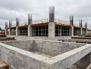 Wide-angle view of a reinforced concrete construction site with scaffolding and rebar under overcast daylight, no workers, structural details in foreground