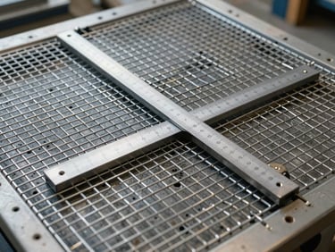 Flat overhead 45-degree photograph of a welded mesh sheet sample on a workstation, a metal measuring gauge placed across two openings showing exact aperture dimensions, bright even north-facing industrial lighting, no shadows, grid structure sharp and fully visible
