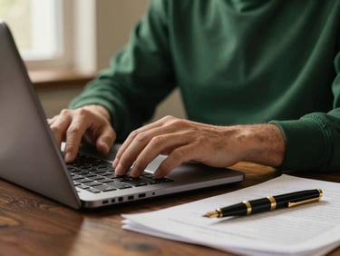 Close-up of hands typing on a modern laptop on a dark wood desk, a fountain pen resting on a crisp document nearby, warm side lighting, 35mm