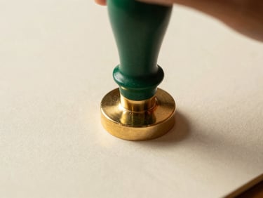 Macro shot of an official gold foil notary seal pressed onto heavy textured cream paper, warm directional window light, shallow depth of field, 35mm