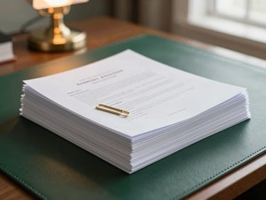 A stack of official legal documents with gold paperclips on a dark green leather desk mat, soft warm light from a desk lamp, 35mm