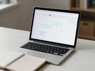 Wide shot of a laptop screen showing a calendar with booked meeting slots, a notepad with prospect notes in the foreground, soft overhead desk lighting, clean minimal workspace