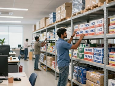Modern Indian logistics warehouse, workers organizing packaged FMCG goods on high shelves, bright indoor lighting, clean operational environment, authentic 35mm photography