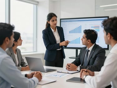 Professional Indian corporate office meeting, financial advisors in business attire discussing charts on a screen, bright natural window light, authentic corporate setting