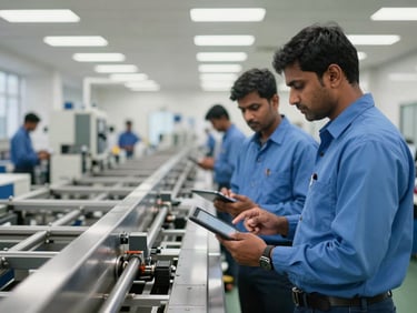 Active Indian manufacturing floor with clean steel assembly lines, technicians in blue uniforms checking digital tablets, bright natural factory lighting, authentic editorial style
