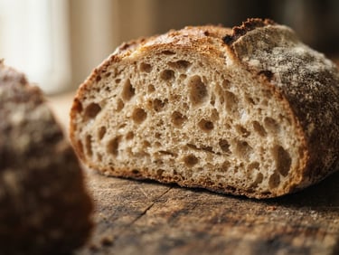Close-up macro of a freshly baked gluten-free bread showing a soft, airy crumb structure, warm morning window light, rustic wooden surface, shallow depth of field, 35mm