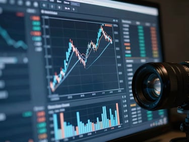 Extreme close-up of financial data visualization charts on a physical monitor, sharp cool tones, moody atmosphere, 35mm lens