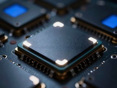 Macro shot of high-end quantum computing hardware components, dark metallic surfaces, sharp white accent glows, 35mm lens
