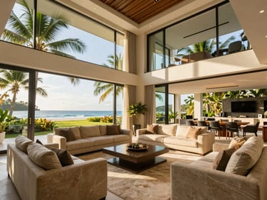 Spacious modern villa living room interior, premium finishes, large windows, bright tropical daylight, wide-angle