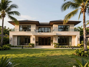 Modern, elegant villa facade with clean lines and lush landscaping under bright tropical daylight, wide-angle architectural shot.
