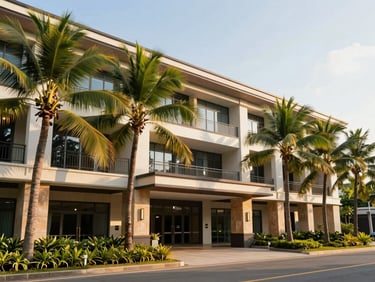 Modern commercial building facade with prominent roadside frontage, bright tropical daylight, clean architectural lines.