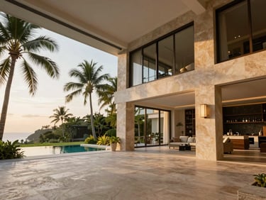 Elegant modern villa interior with premium finishes, warm tropical daylight, wide-angle architectural perspective.