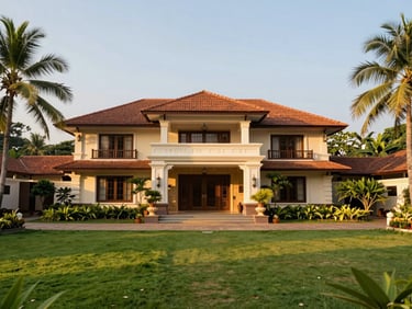 Elegant entrance to a gated villa community in Kasaragod, lush landscaping, golden-hour sunlight, wide-angle