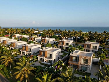 Elevated drone view of a modern villa enclave overlooking Kasaragod coastline, clear tropical daylight, wide-angle