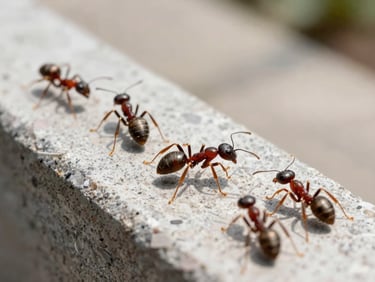 Macro photography of urban ants walking in a structured line on a clean stone ledge, clinical bright daylight, scientific observation style.