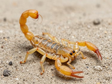 Macro scientific photography of a yellow scorpion on a neutral sandy surface, bright clinical lighting, sharp focus on the stinger.