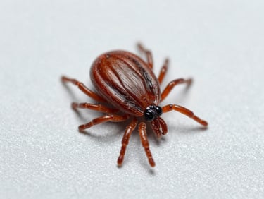 Macro scientific photography of a dog tick isolated on a sterile light grey background, bright clinical lighting.