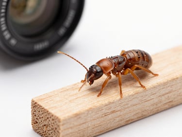 Macro scientific photography of drywood termites on a clean piece of light wood, clinical white studio lighting, sharp focus on biological details.