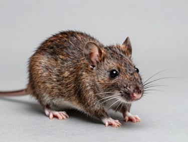 Macro scientific photography of a brown sewer rat on a clean, neutral grey background, bright daylight, focused on facial features.