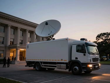 Wide environmental shot of a live broadcast truck parked outside a government building at dusk, satellite dish extended, crew visible in silhouette, dramatic mixed natural and artificial light
